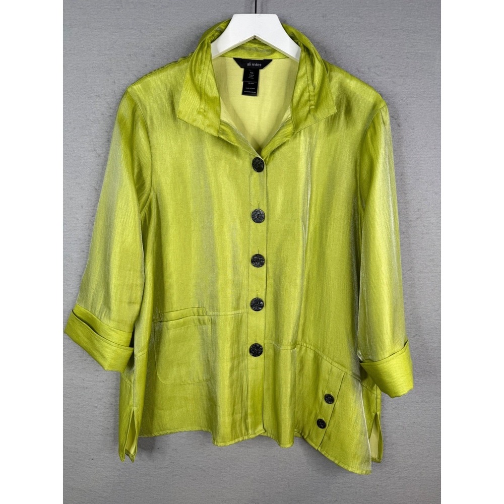 Ali‎ Miles Button Front Shirt Jacket Womens PXL Lime Green Shimmer 3/4 Sleeve